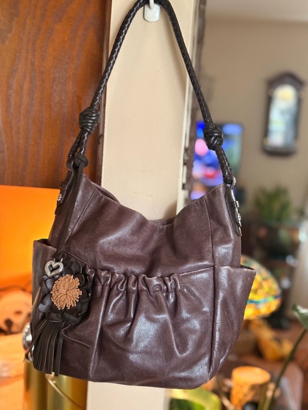 Brighton Espresso Brown Pebbled Leather Hobo - Braided Straps & Floral Detail